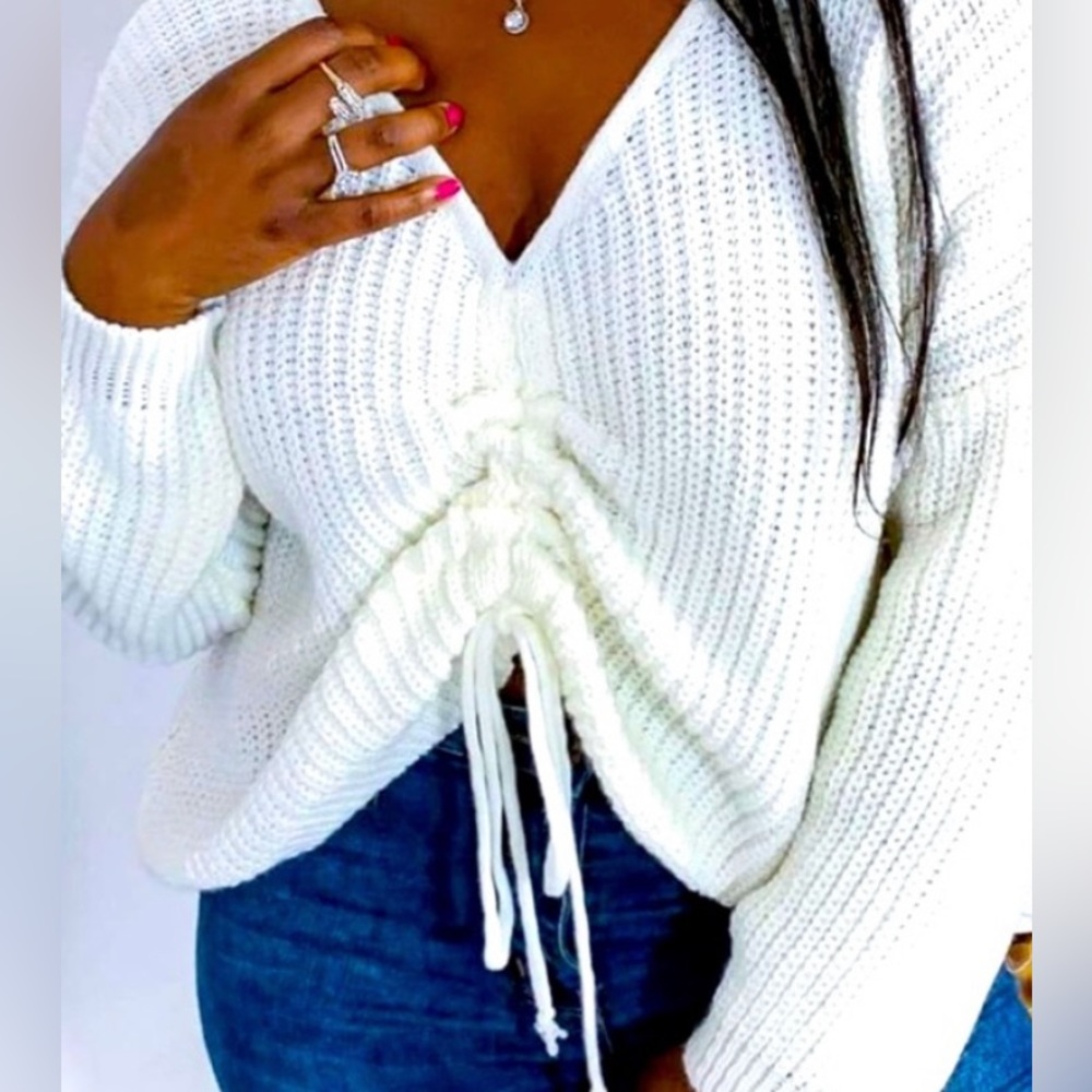 Beautiful Bow Drawstring V-Neck Rib Knit Fold Ruched Design White Sweater - Picture 2 of 2